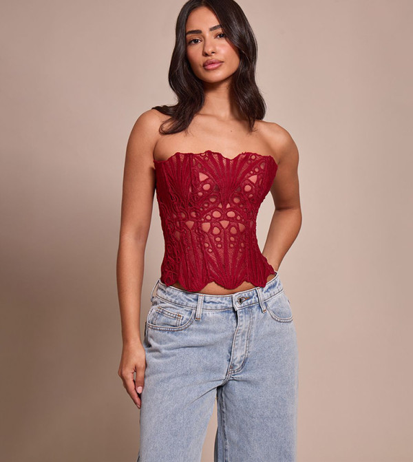 Petite Floral Textured Sheer Lace Corset Top