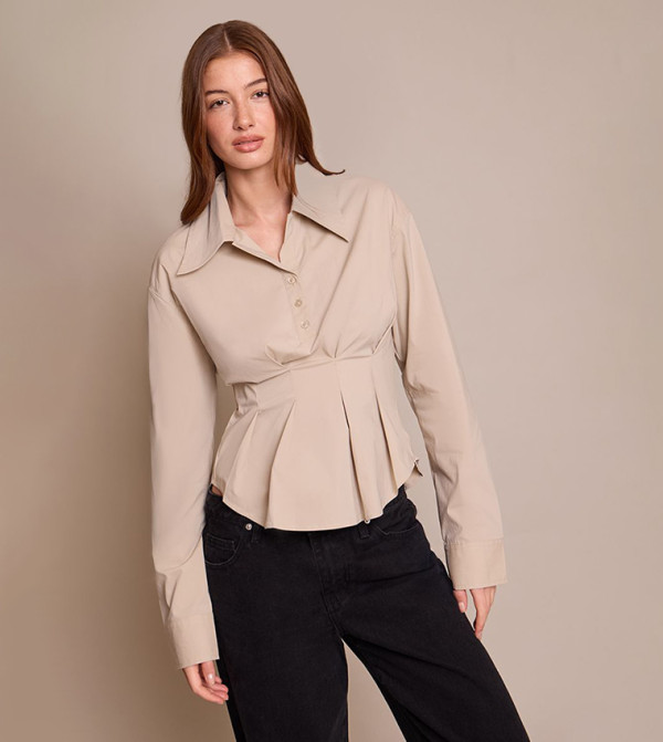 Pleated Cinched Waist Long Sleeves Shirt