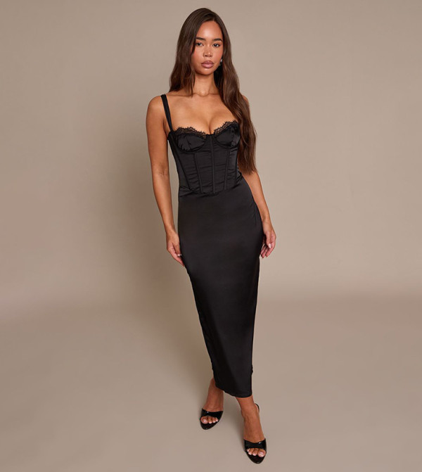 Satin Lace Cup Detail Midaxi Dress