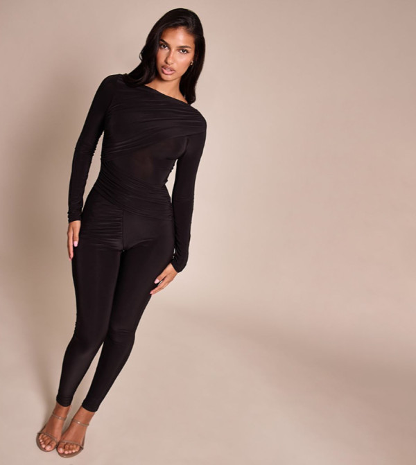 Slinky Long Sleeves Ruched Drape Jumpsuit