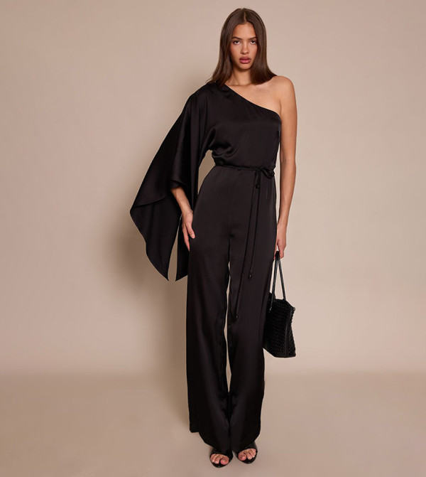 Satin Floaty One Shoulder Tie Waist Jumpsuit