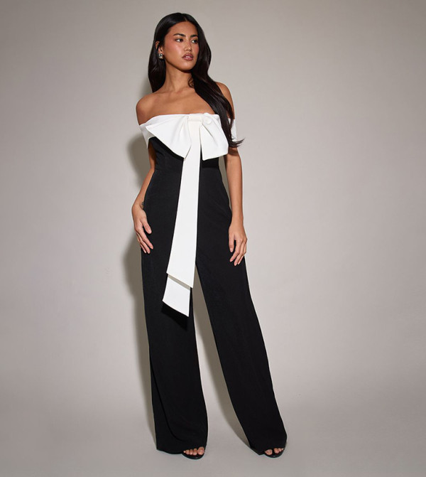 Woven Contrast Bow Wide Leg Jumpsuit