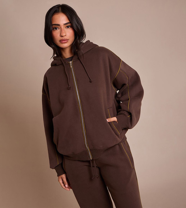 Petite Contrast Seam Drawcord Full-Zip Hooded Jacket