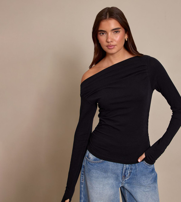 Soft Cotton Ruched Asymmetric Long Sleeves Top