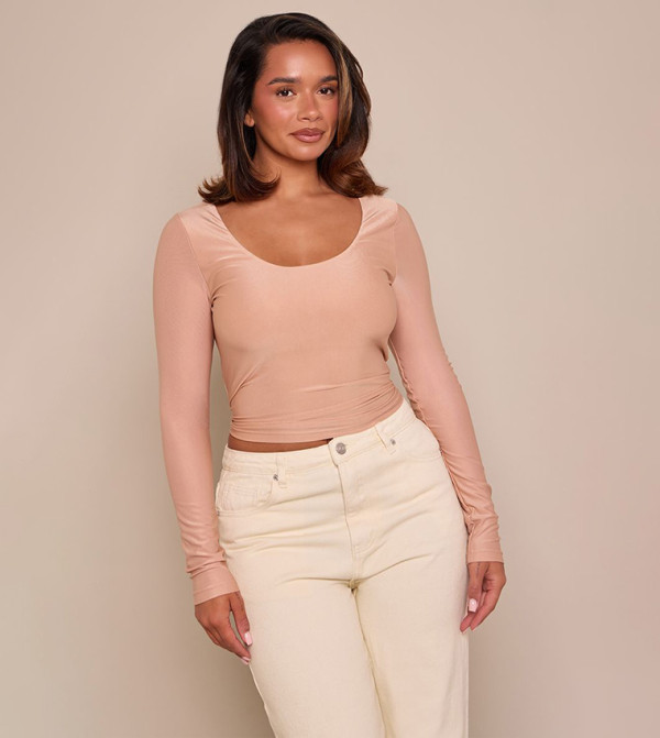 Scoop Neck Long Sleeves Crop Top