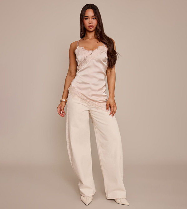 Satin Lace Detail Asymmetric Longline Strappy Top