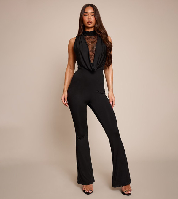 Soft Touch Cowl Neck Neck Lace Detail Jumpsuit