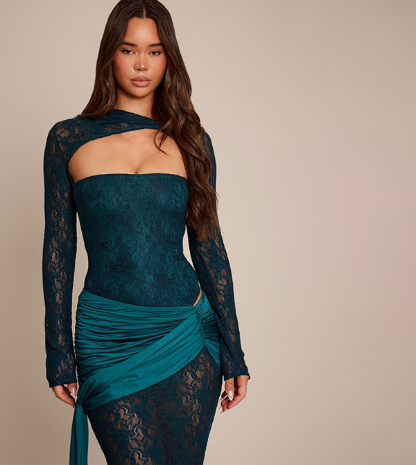 Lace Cut Out Asymmetrical Long Sleeves Bodysuit