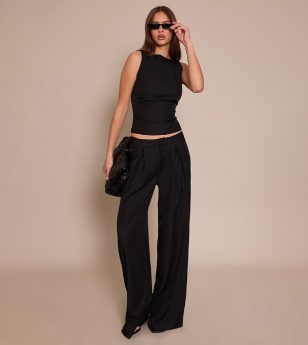 Woven Tailored Mid Rise Wide Leg Trousers