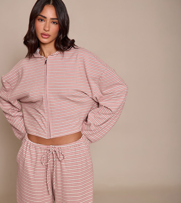 Petite Striped Soft Fleece Hooded Jacket