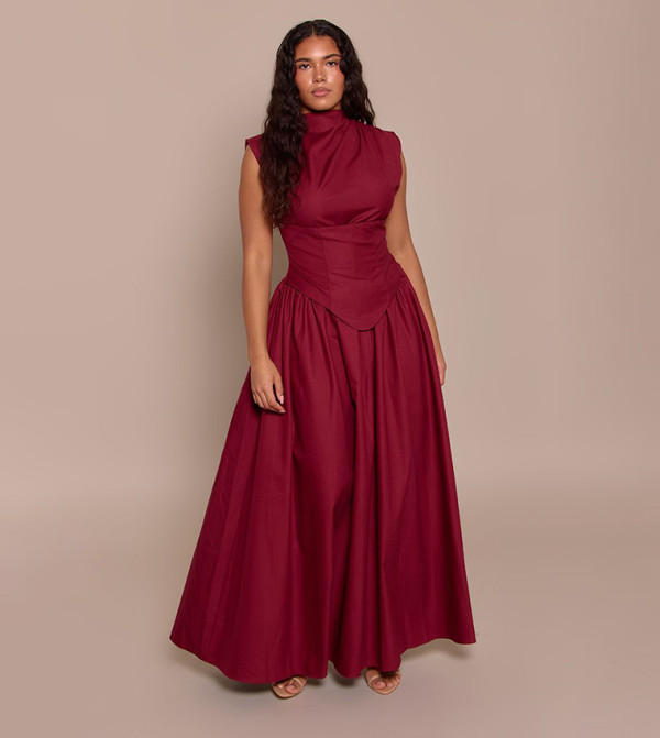 Shape Woven High Neck Corseted Maxi Shift Dress