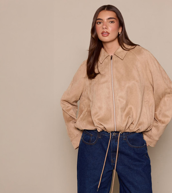 Lightweight Faux Suede Ruched Hem Through Jacket