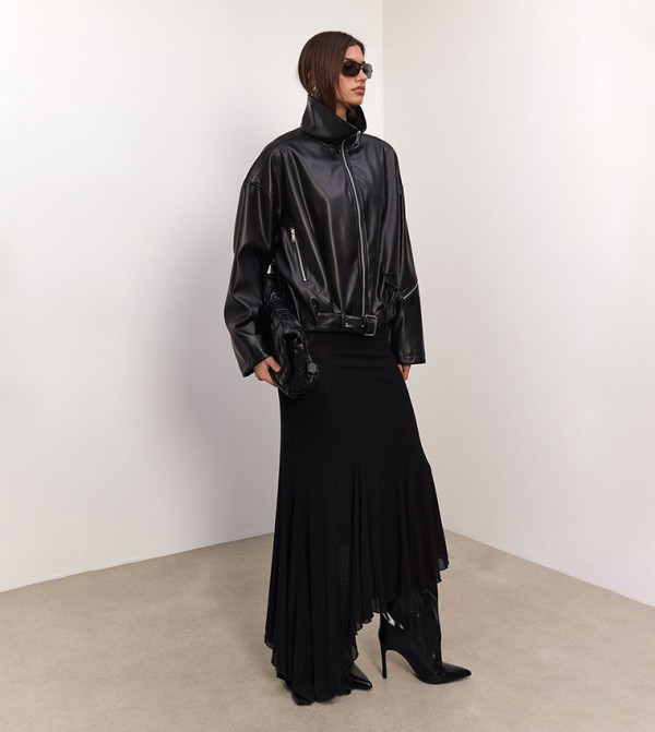 Low Belt Detail Ruched Faux Leather Biker Jacket