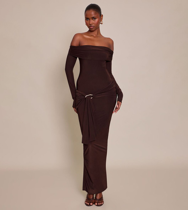 Slinky Off The Shoulder Wrap Maxi Dress