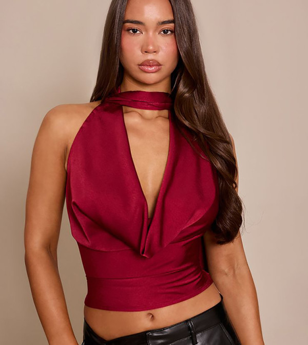 Satin Extreme Cowl Neck Crop Top