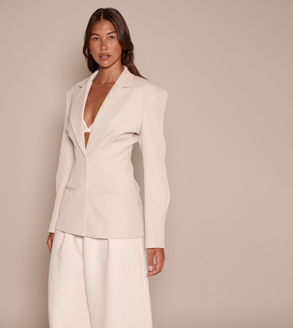 Lapel Collar Button Down Cinch Waist Blazer