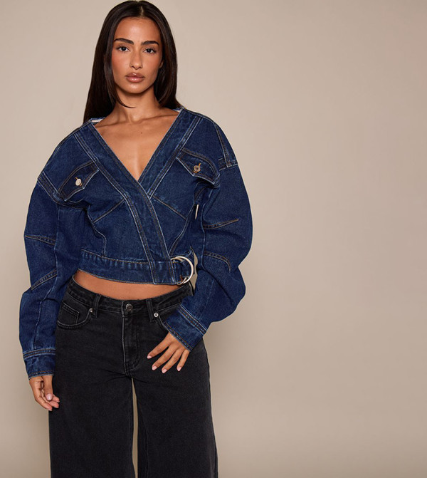 Petite Wrap Waist Cocoon Sleeves Denim Jacket