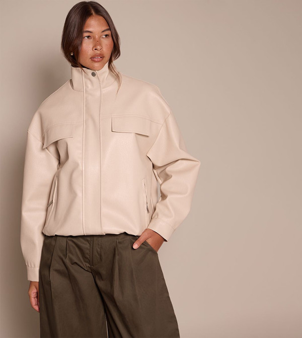 High Neck Concealed Placket Faux Leather Jacket