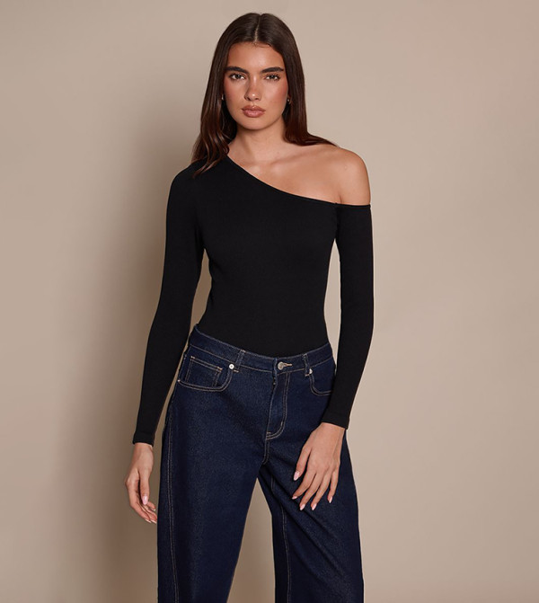 Contour Ribbed Asymmetric Neck Long Sleeves Bodysuit
