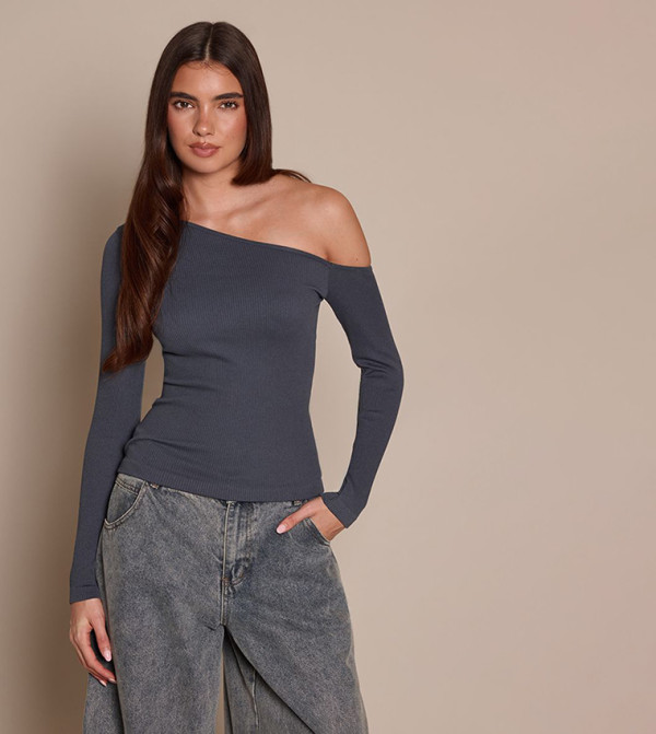 Contour Rib Asymmetric Long Sleeves Top