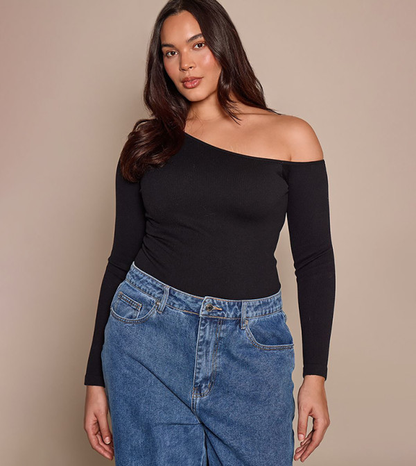 Curve Contour Ribbed Asymmetric Neck Long Sleeves Bodysuit
