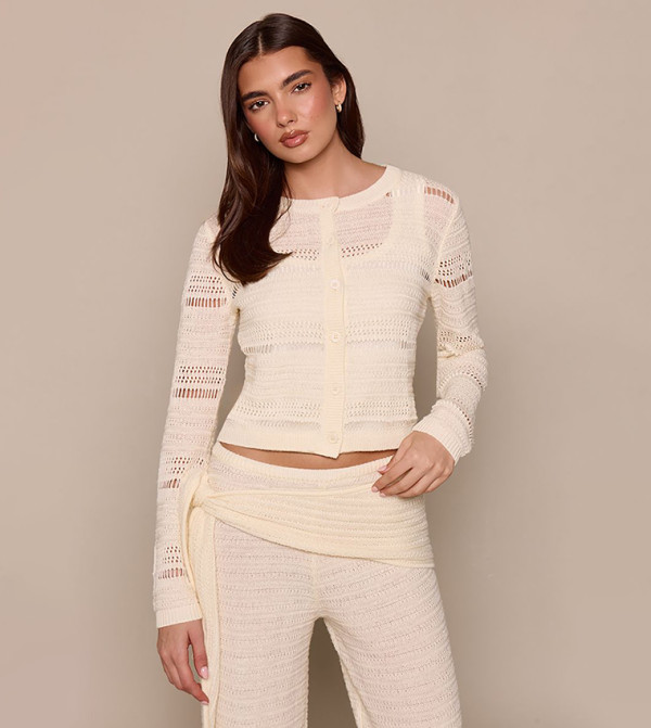 Striped Crochet Knit Button Down Long Sleeves Cardigan