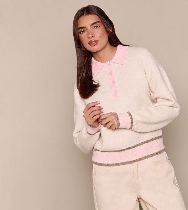 Contrast Striped Polo Neck Sweater
