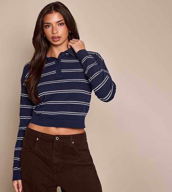 Striped Long Sleeves Knitted Polo Neck Sweater