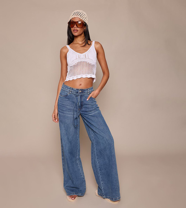 Tall Washed Paper Bag Wide Leg Jeans