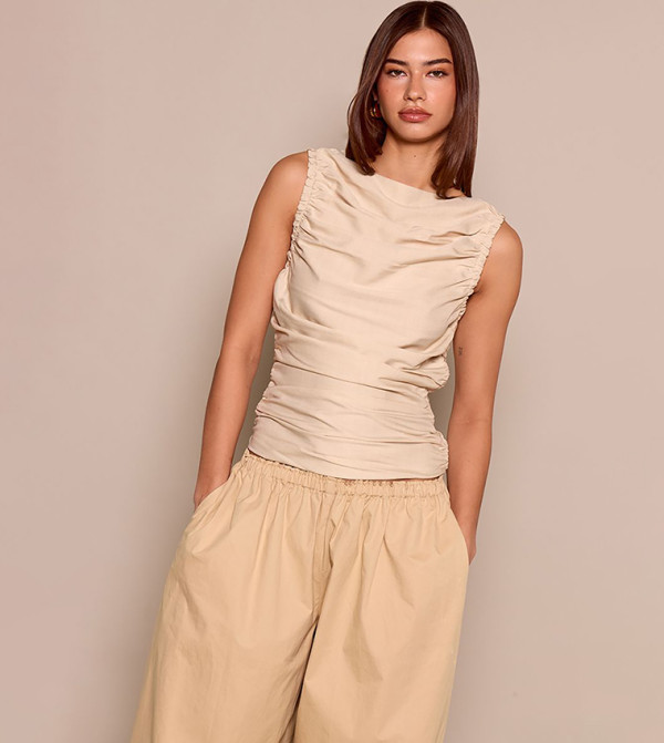 Woven Ruched Detail Sleeveless Top