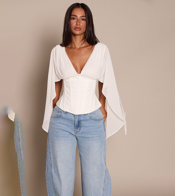 Petite Corset Waist Chiffon Drape Sleeves Top