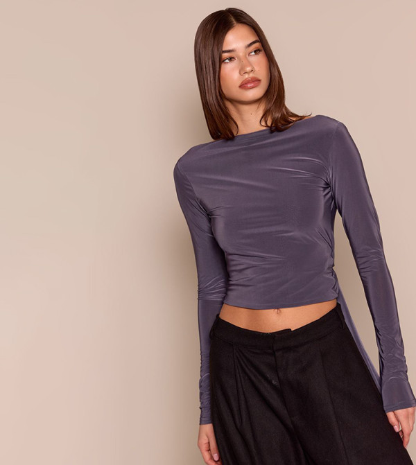 Slinky Draped Asymmetric Open Back Long Sleeves Crop Top