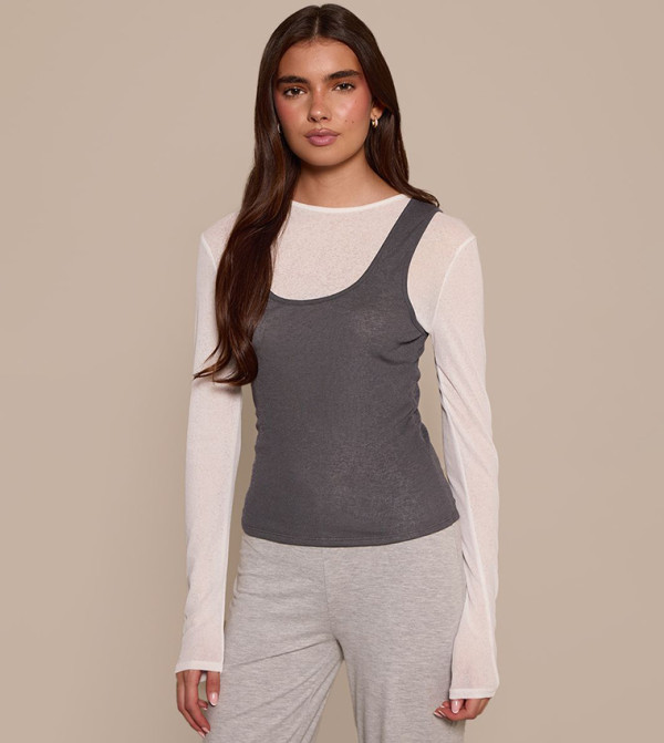 Contrast Burnout Mesh Overlay Detail Long Sleeves Top