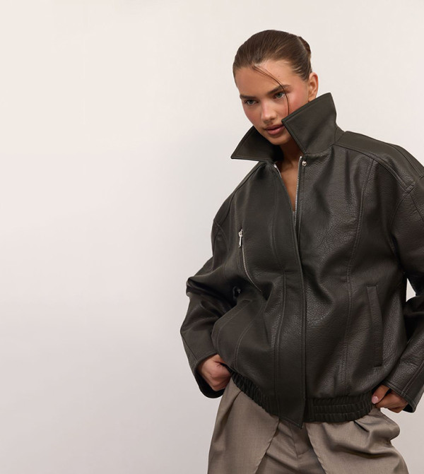 Concealed Placket Faux Leather Oversized Jacket