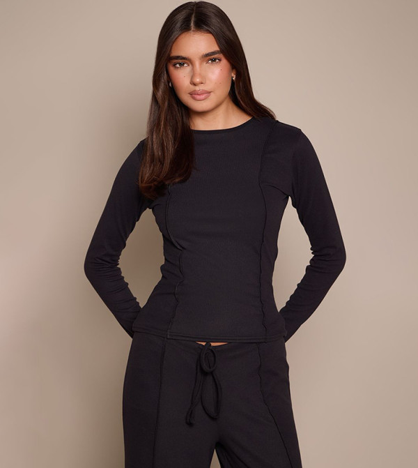 Seam Detail Cinched Waist Long Sleeves T-Shirt