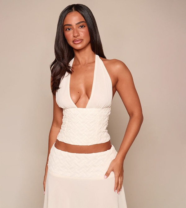 Petite Woven Detail Sheer Halterneck Top