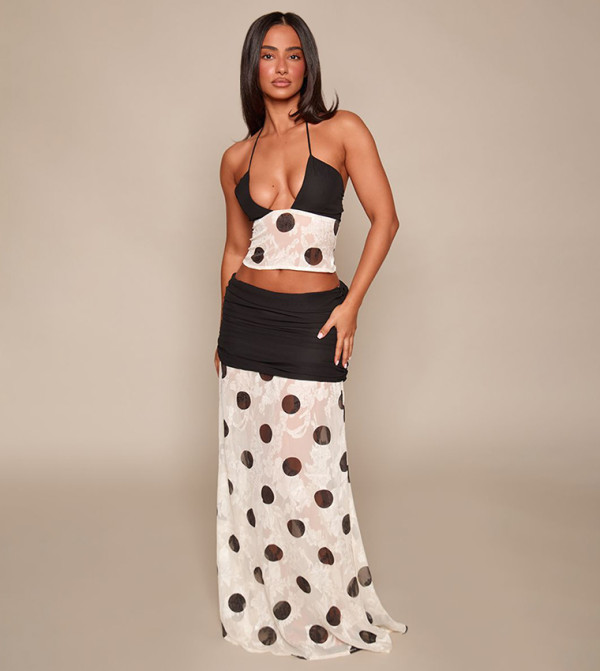 Petite Ruched Waist Lace Polka Dot Maxi Skirt