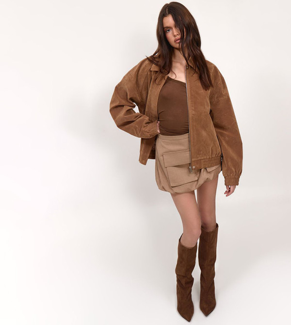 Faux Suede Embossed Bomber Jacket