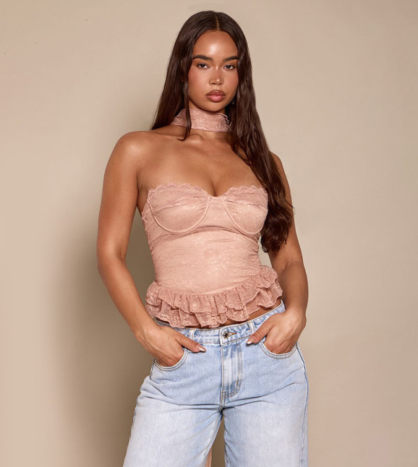 Lace Textured Scarf Detail Corset Top