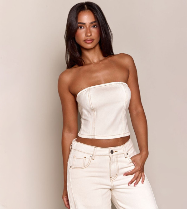 Petite Seam Detail Denim Bandeau Top