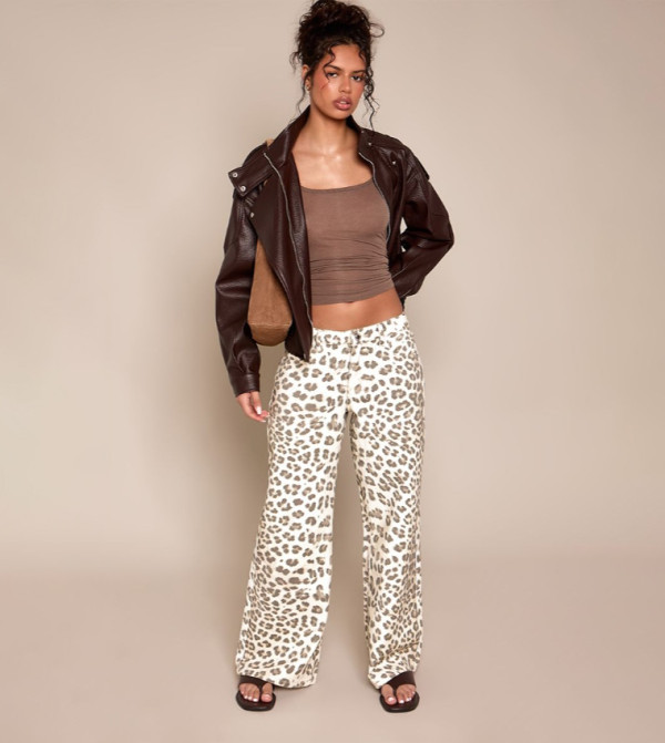 Animal Print Low Rise Wide Leg Jeans