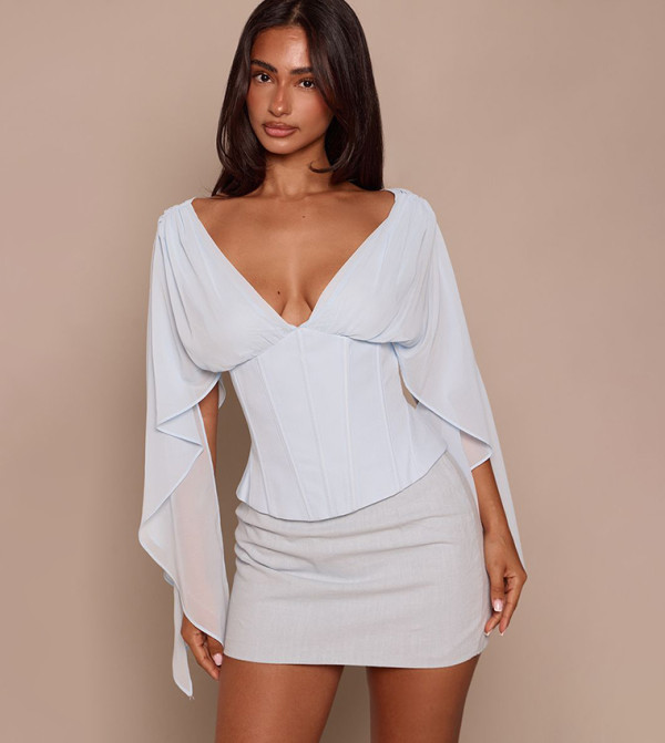 Petite Corset Waist Chiffon Drape Sleeves Top