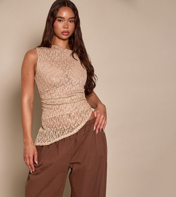 Textured Lace Asymmetric Ruched Top
