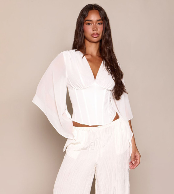 Corset Waist Chiffon Drape Sleeves Top