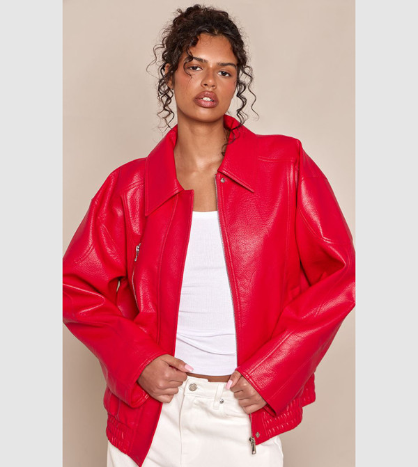 Concealed Placket Faux Leather Oversized Jacket