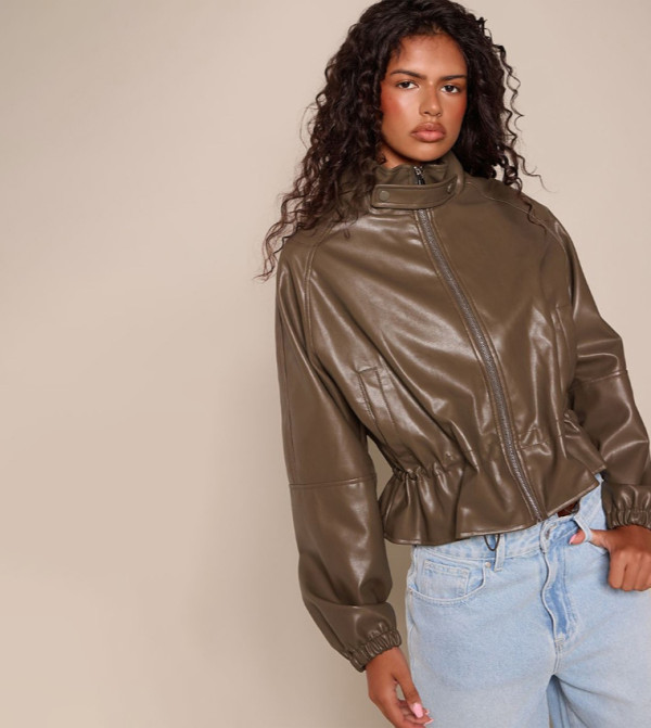 Faux Leather High Neck Cinched Side Jacket