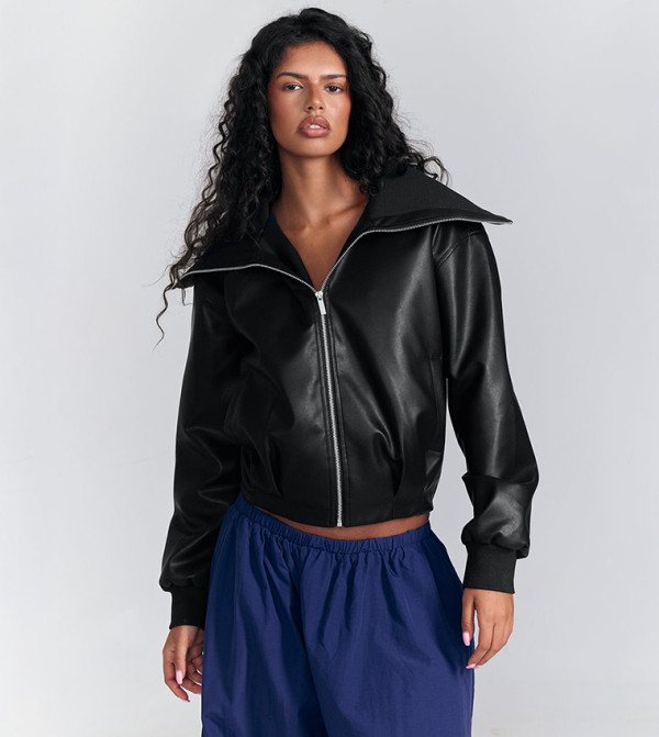 Textured Zip Through Collar Leather Jacket