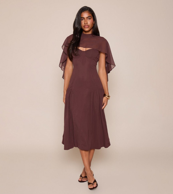 Chiffon Cape Detail Bandeau Skater Midi Dress
