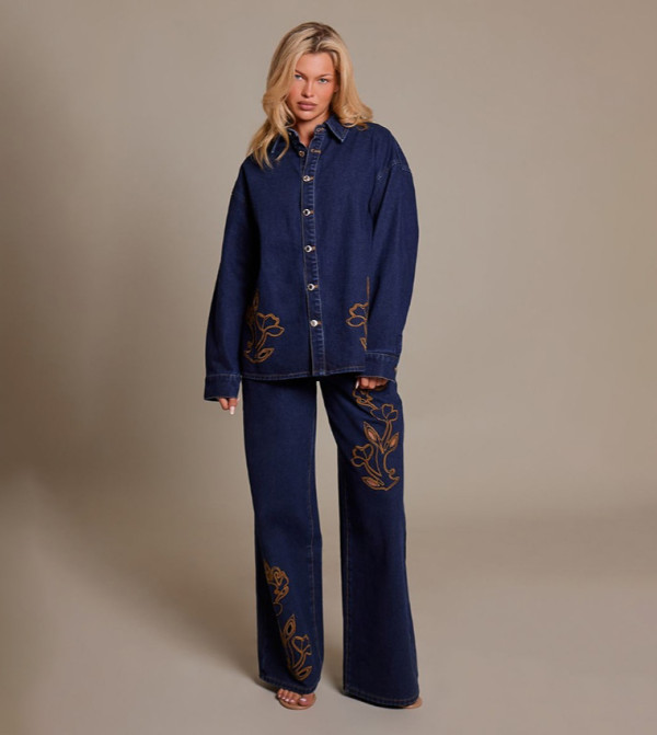 Embroidery Detail Wide Leg Jeans