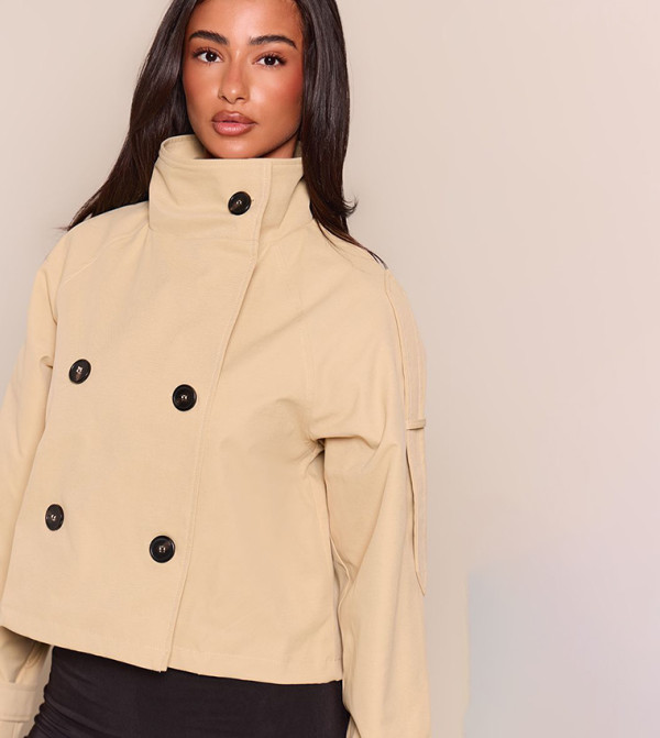 Petite Double Breasted High Neck Cropped Trenchcoat